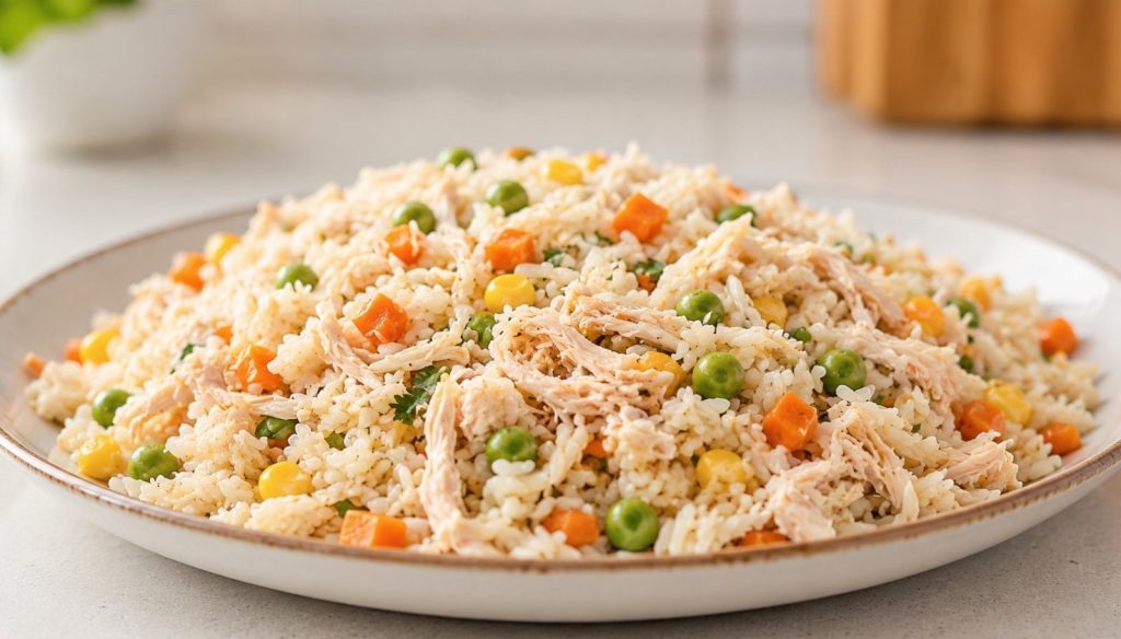 Arroz com frango desfiado e legumes sem glúten