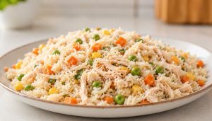 Arroz com frango desfiado e legumes sem glúten