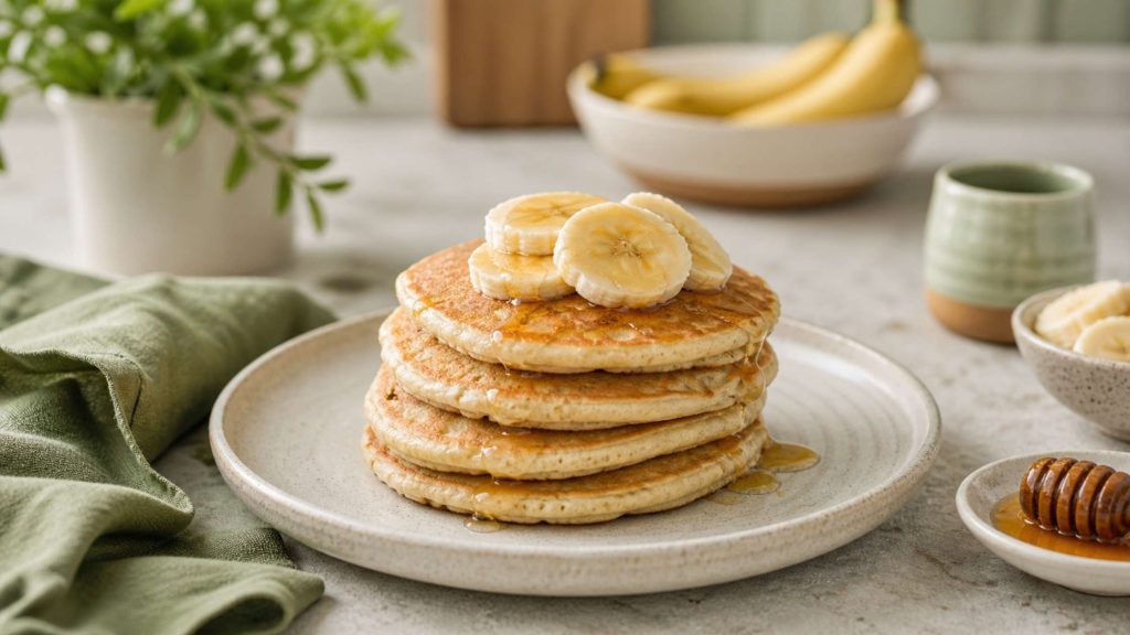 Panqueca de banana sem glúten servida com rodelas de banana em prato claro
