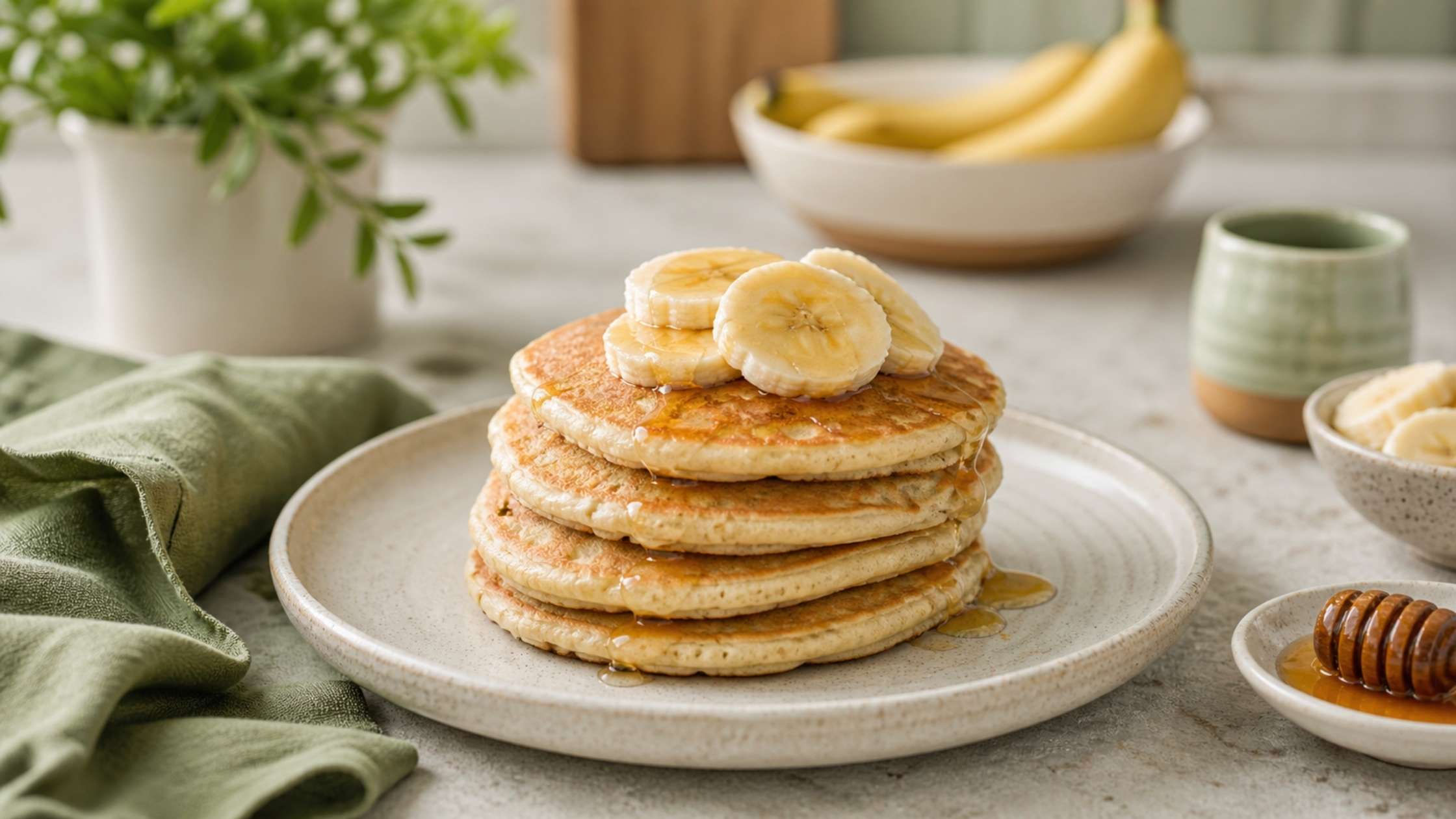 Panqueca de banana sem glúten servida em prato claro com rodelas de banana por cima
