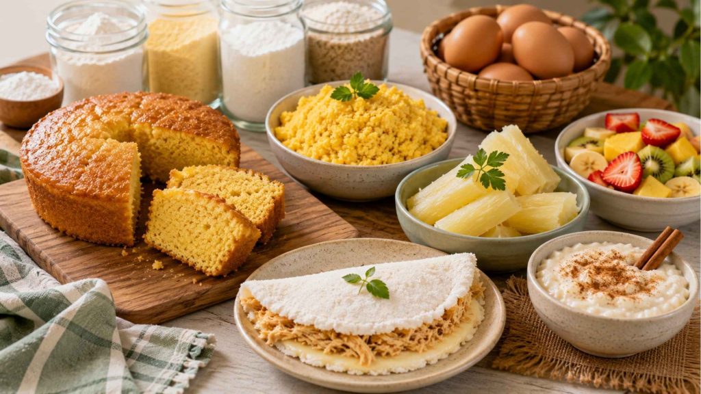 Mesa com receitas sem glúten fáceis para o dia a dia, incluindo bolo de milho, tapioca, arroz doce, cuscuz, mandioca e farinhas sem glúten